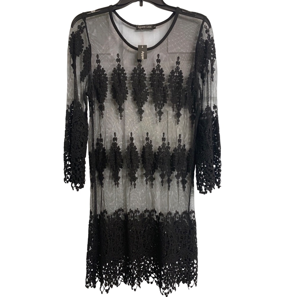Apparel Love Black Sheer Mesh Crochet Lace Mini Dress Long‎ Sleeve Small NWT